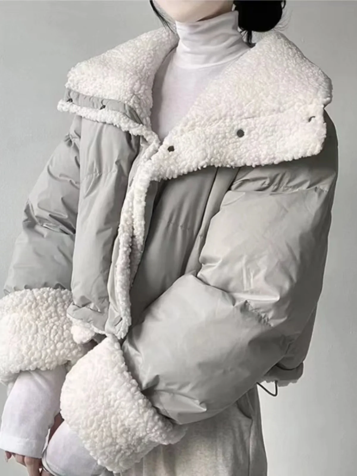 Korean Style Short Thickened Long Sleeve Cotton Jacket Lamb Fur Simulation Casual Style Double Sided Wear Bread for Women