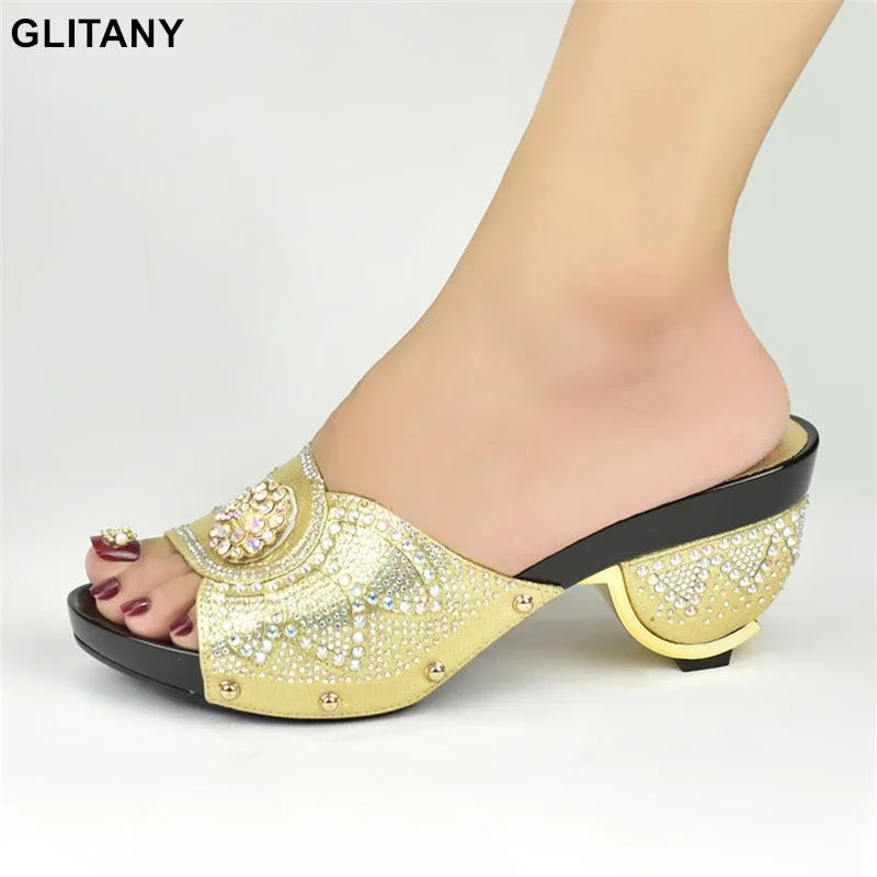 

Latest Wedding Shoes for Woman Gold Color Open Toe Sexy Ladies Women Pumps Shoes Party Wedding Shoe Decorated with Rhinestone