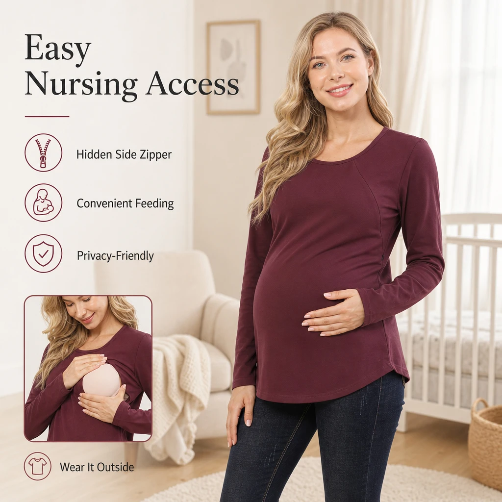 Maternity Nursing Shirt Long Sleeve Crew Neck Side Zipper Breastfeeding Top Curved Hem Casual Pregnancy Tee for Women