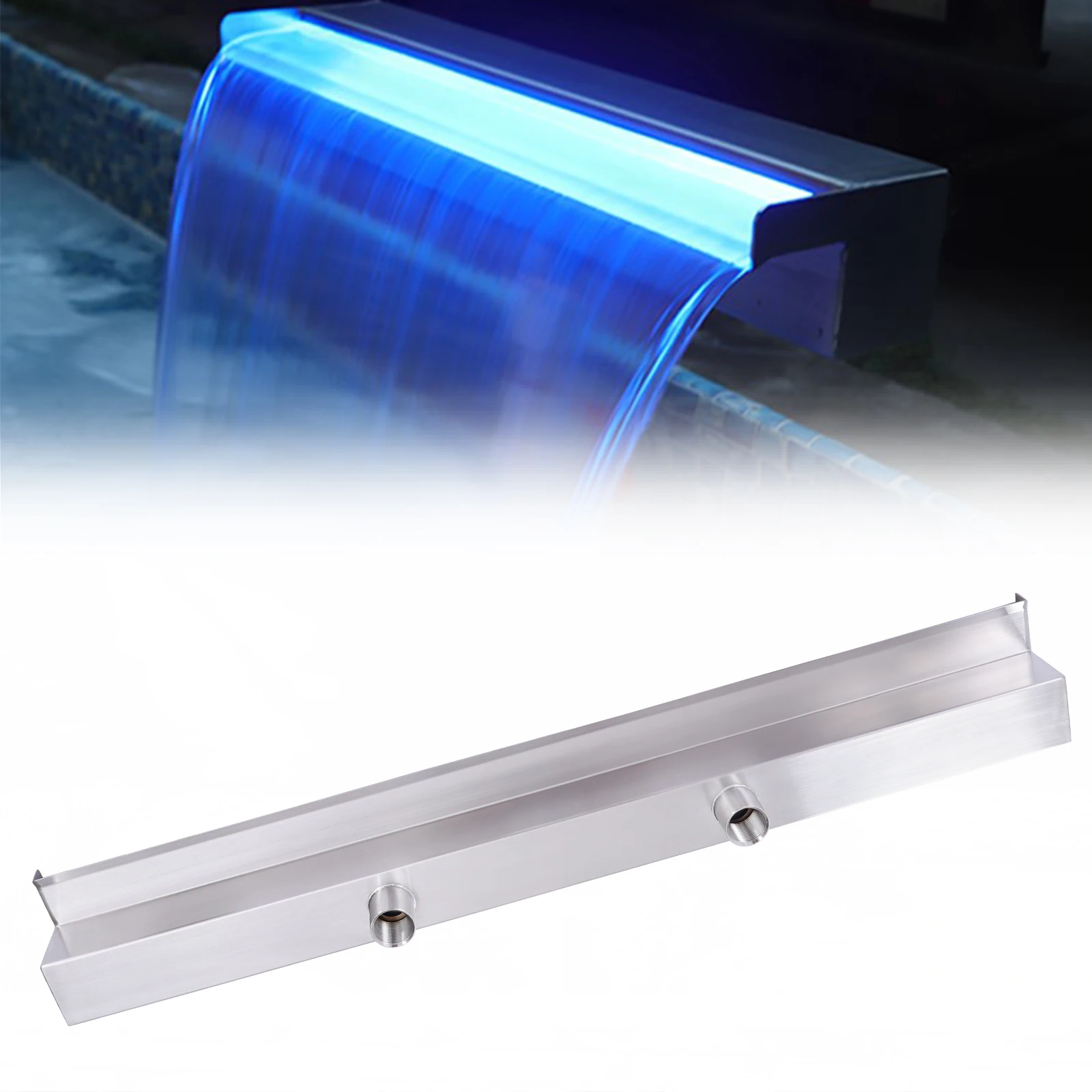 35.4" Pool Fountain Stainless Steel Pool Waterfall w/Blue Color LED Strip Light Waterfall Spillway Rectangular Garden Outdoor