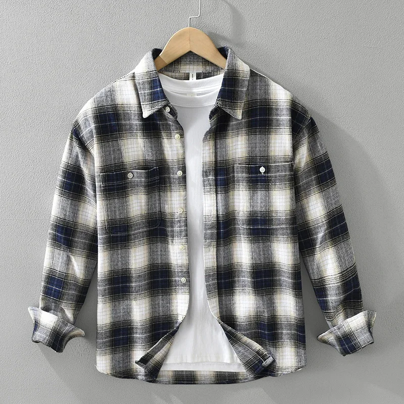 2024 Autumn Winter New Long Sleeve Plaid Shirt for Men 100% Cotton Casual Fashion Men's Clothes Oversized Loose Shirts