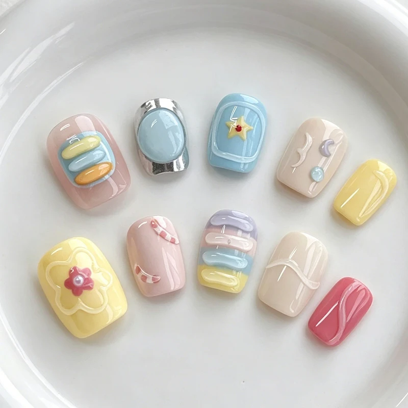 10 faux ongles courts style français, couleur macaron, pour nail art exquis, réutilisables et magnifiques