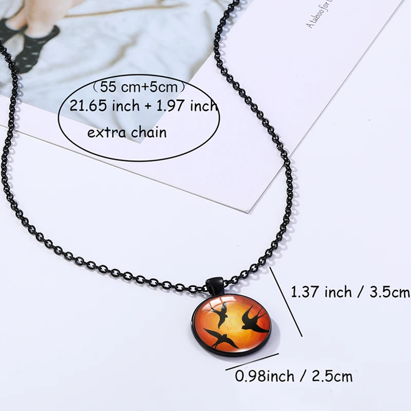 Swallows and Red Moon Picture Glass Dome Round Black Pendant Handcraft Jewelry Necklace