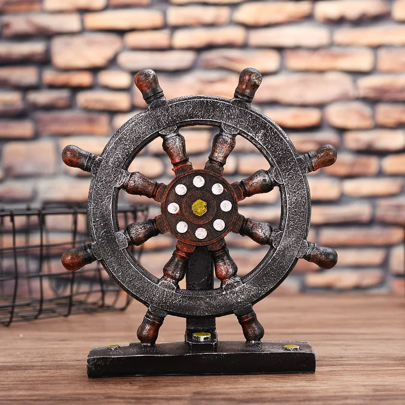 23cm New Vintage Rudder Compass Resin Statue Simulation Sculpture Art Carving Figurine Retro Home Desktop Decor Artware Gift