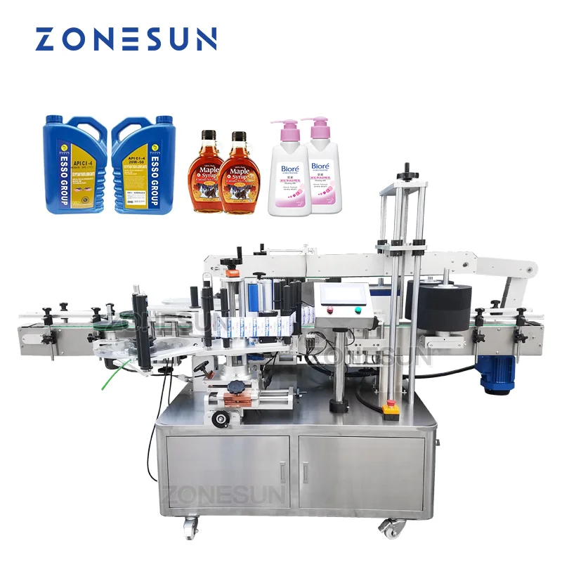 Zonesun adesivo duplo para etiquetas, automático, lado duplo, irregular, quadrado, garrafa de plástico plana, lata, creme, máquina de etiquetas, aplicador