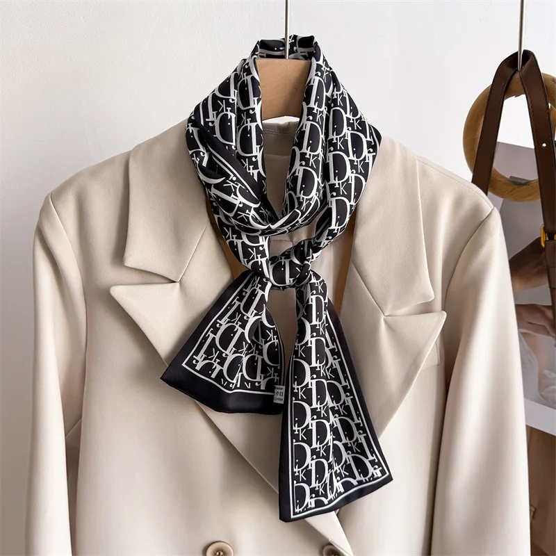 New elegant double-layer scarf ribbon decoration suit neckerchief small long hairband silk scarf women's print narrow slim