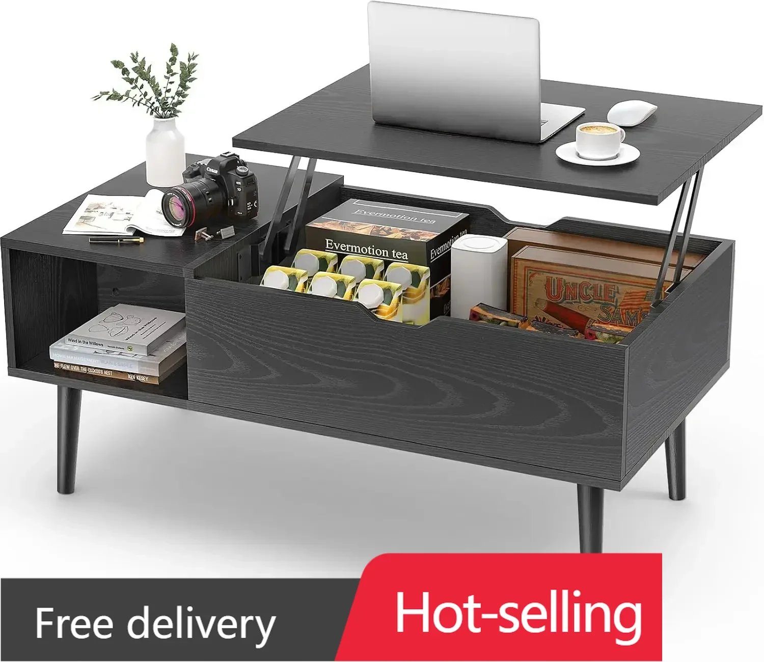 

Coffee Table Black, Lift Top Coffee Tables for Living Room, Small Rising Wooden Dining Center Tables with Storage Shelf
