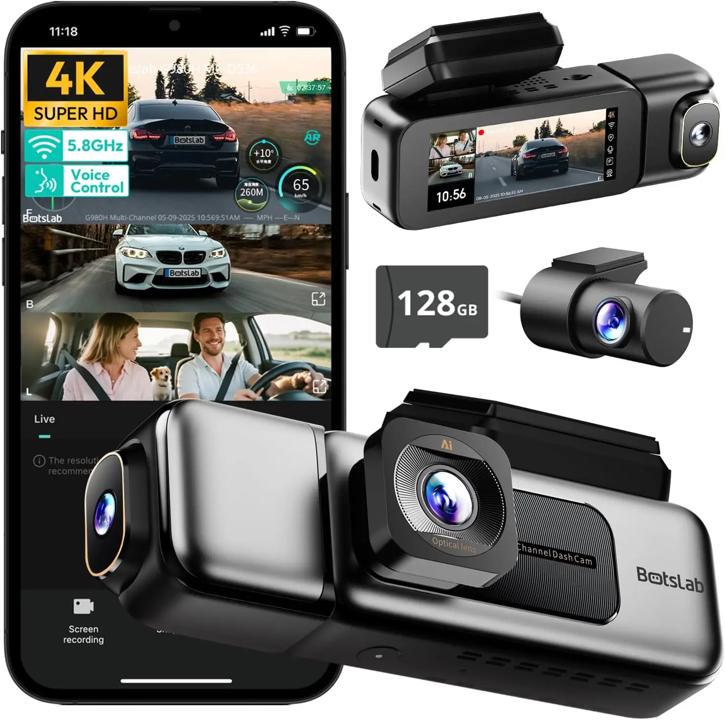 BOTSLAB 4K 3 Channel Dash Cam Front Rear Inside 360° Touch Screen Night Vision GPS WiFi Voice Control 128GB Card108