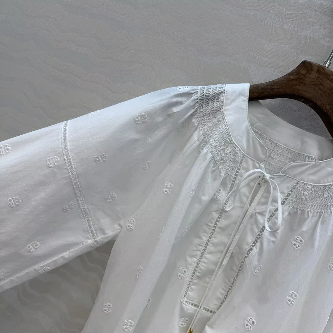 

Элегантная модная хлопковая рубашка с вышивкой и шнуровкой, с круглым вырезом и рукавами-фонариками, женская, белая, свободного кроя, в пляжном стиле, блузка