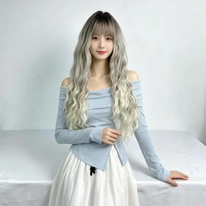 Gradient gray wig for women with bangs, long curly hair, wool curls, matte silk, rose net
