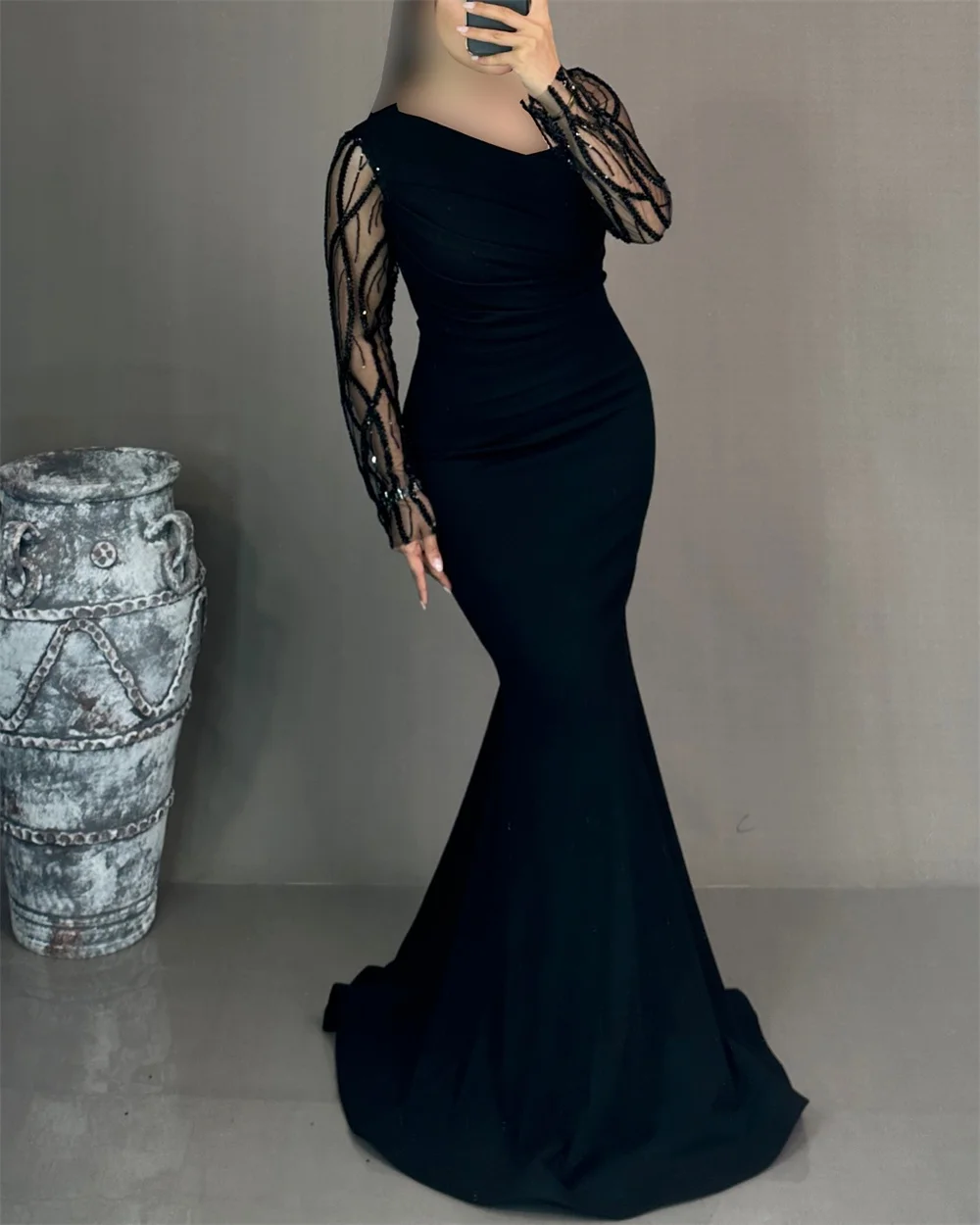 Abiti da ballo a sirena lunghi fino al pavimento con glitter personalizzati Sansa Manica lunga Nero فساتudenudenudenudenudenza Zip formale فات щу2025