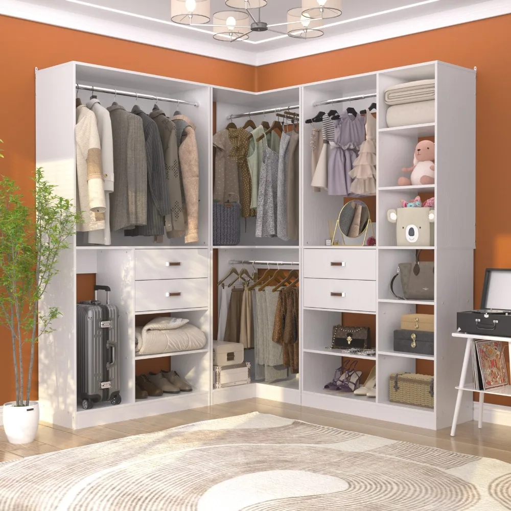 

110 Set of 3 Corner Closet Organizer System with Drawers and Hanging Rods