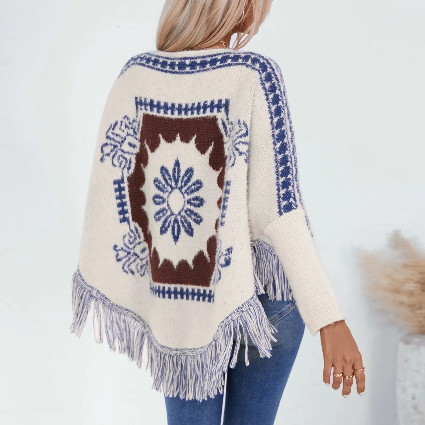 Autumn Winter Women's Sweater Shawl Female Retro Ethnic Style One Collar Pullover Women's Loose Long Sleeved Knitted Tassel Cape