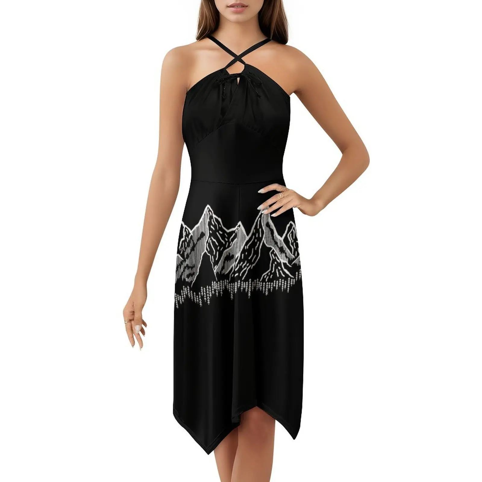 فستان بوهيمي بدون أكمام من White Mountain Illustration للنساء، فساتين حفلات الشاطئ المطبوعة، أشجار جبلية، شجرة، غابة، ثلج #5