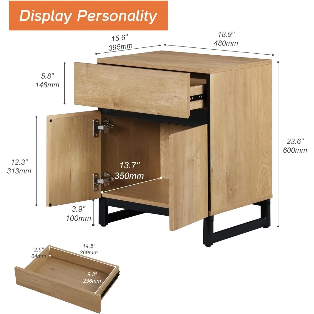 Nightstand with 1 Drawer & 1 Storage Cabinet, Modern Bedside Table with 2 Open Door for Bedroom