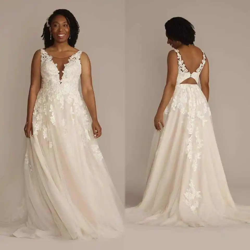 

Charming V-Neck Tulle Wedding Dress Lace Applique Open Back Sweep Train Bridal Gown for Romantic Garden Weddings Customized