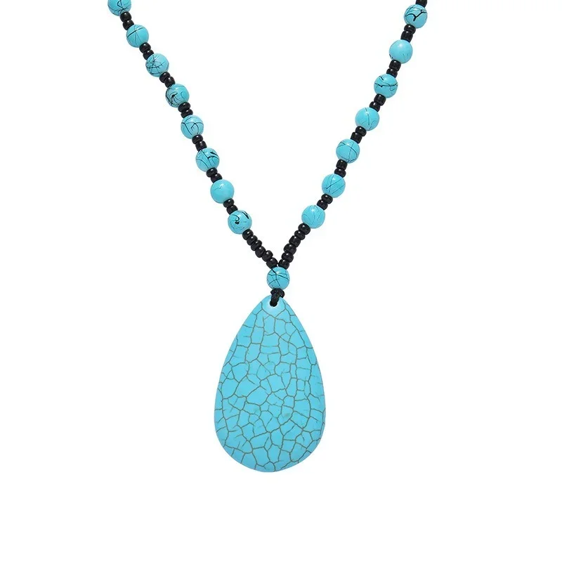 Natural Orchid Turquoise Brushed Glass Bead Necklace Retro Turquoise Water Drop Pendant Ethnic Jewelry Women\'s Necklace