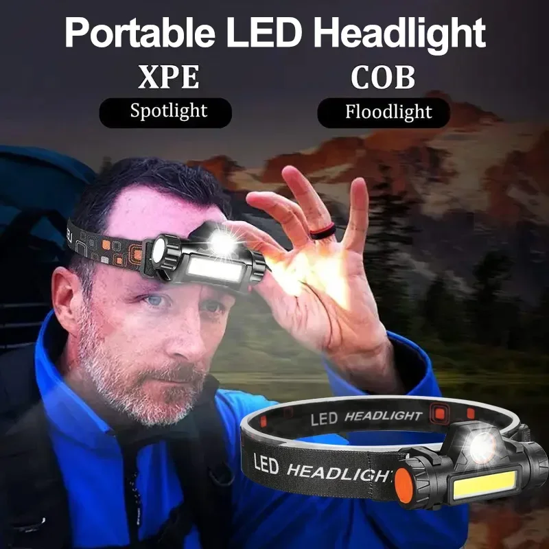 Powerful LED Headlamp XPE+COB USB Rechargeable Headlight Waterproof Head Torch Strong Magnetic Flashlight For Outdoor Camping