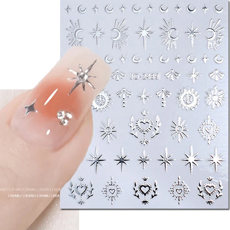 

3d y2k Silver Moon Star Love Hearts Nail Art Stickers Adhesive Sliders Nails Decals For Decorations Manicures Accessories