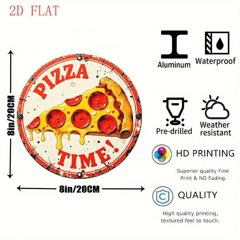 [2D Flat] 1pc 20.32 cm Round Aluminum Wall Sign - Retro Pizza Slice with Cheese & Pepperoni Design, Rustic Metal Decor for Home,
