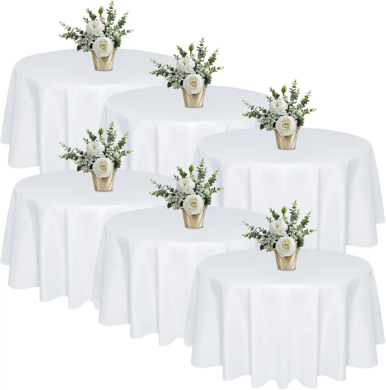 

6 Pack 120 In Round White Tablecloths - Reusable Premium Polyester Fabric Table Covers – Protect Tables from Spills and Stains