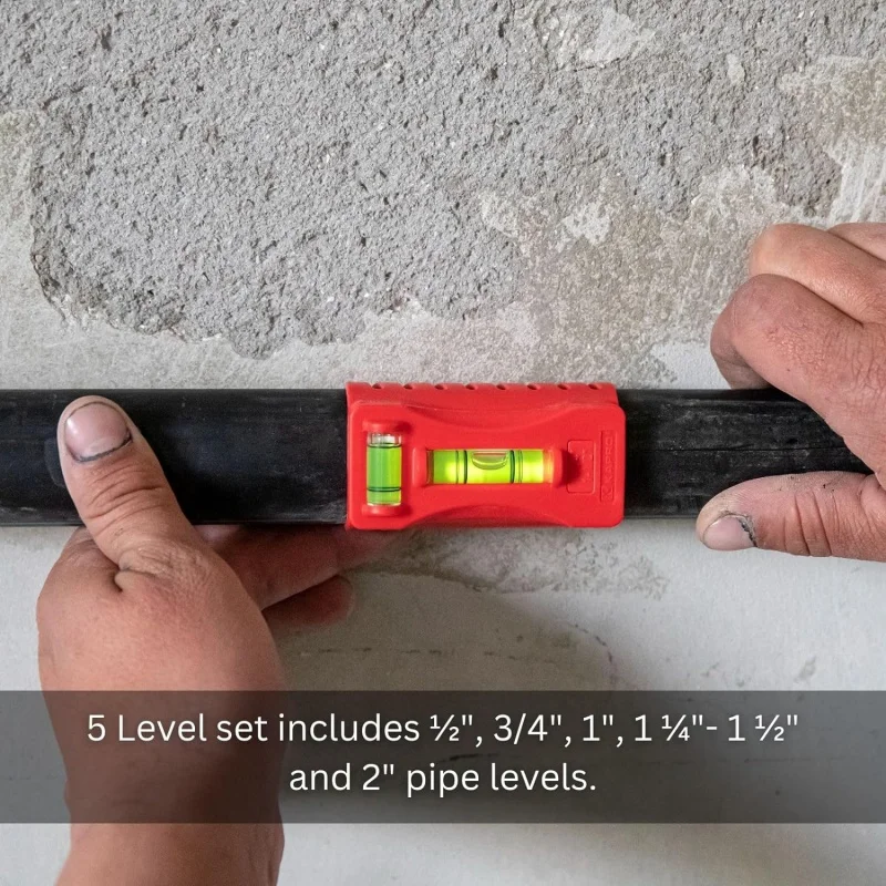 Kapro - 350 Pipe Level Set - 5 Pieces - Spring-Loaded and Snap-On Pipe Level - With Vertical and Horizontal Vials - Fits PVC