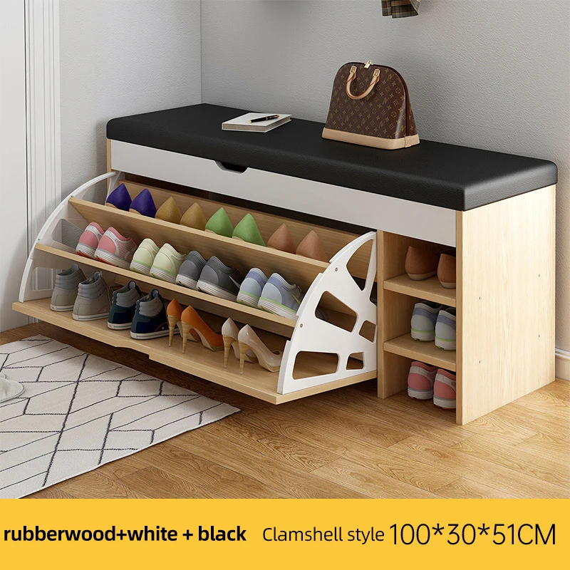 Modern Solid Wood Adjustable Rotating Shoe Rack Storage Cabinet With Seat For Living Room
