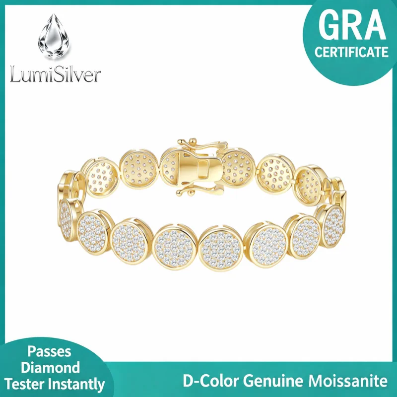 Round Disc Pave Moissanite Tennis Bracelet 925 Sterling Silver 14K Gold Plated Unisex Hip Hop Jewelry GRA Cert