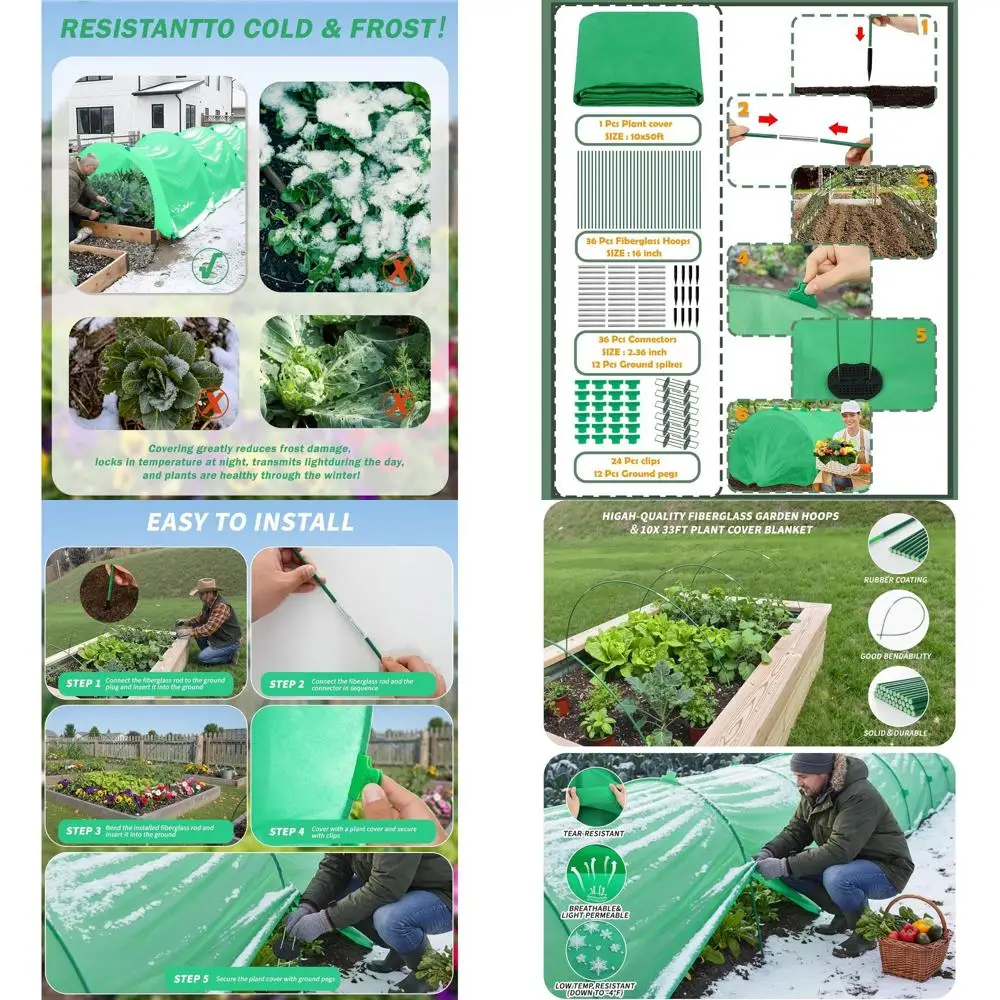 Winter Garden Frost Protection Reusable Cover with 36 Hoops & 12 Stakes, 10ft x 33ft Greenhouse Tunnel for Snow and Pest Defense