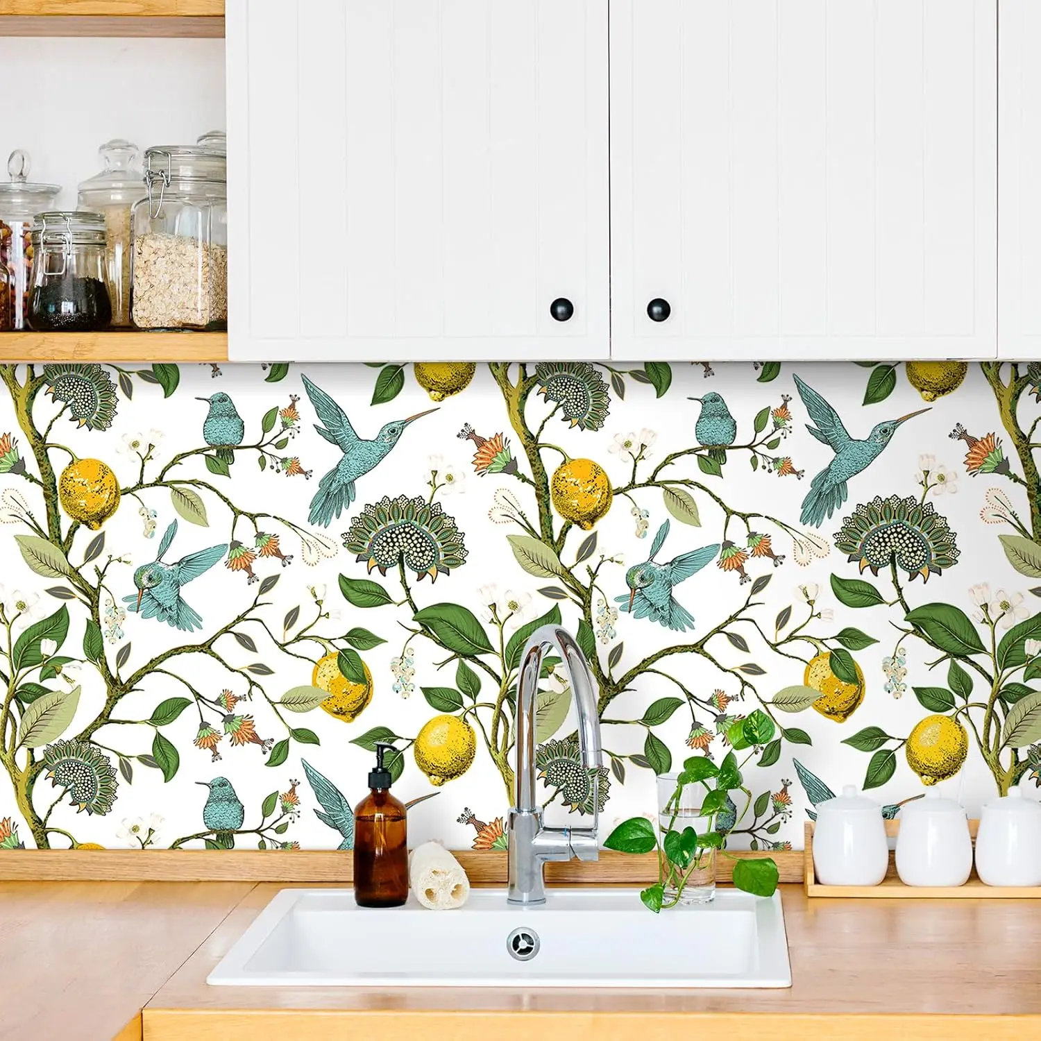 Yellow Lemon Peel and Stick Wallpaper Floral Hummingbird Self-adhesive Wallpaper For Kitchen Drawer Surface Decor Waterproof