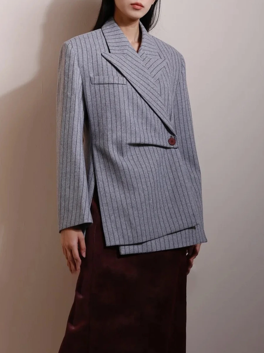VGH Striped Printed Irregular Coat for Women Notched Collar Long Sleeve Hit Color Designer Minimalist Blazer Female Autumn Style