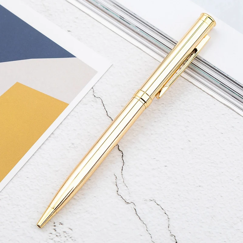 Caneta esferográfica de metal para escola e escritório, aço inoxidável, caneta giratória, brilhante ponto de escrita, dourado, 2x, 1.0mm
