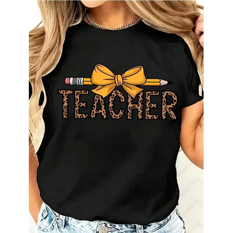Women's Teacher T-Shirt Teach Pencil Bow Glitter Leopard Checkered Coquette Short Sleeve Tees 90s Y2k Aesthetics Fashion Tops
