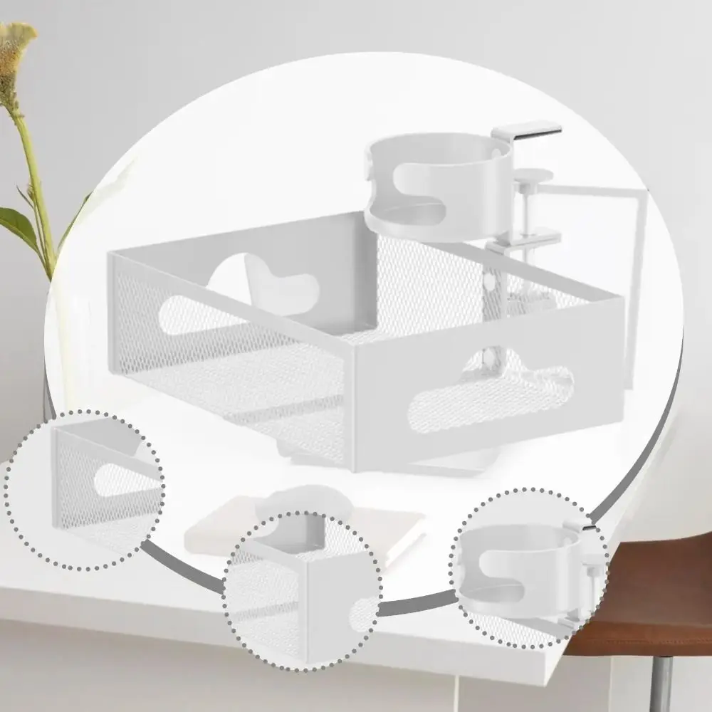 360 Degree Rotating Under Desk Storage Rack No Drill High Load Capacity Desktop Stationery Shelf with Cup Holder Carbon Steel