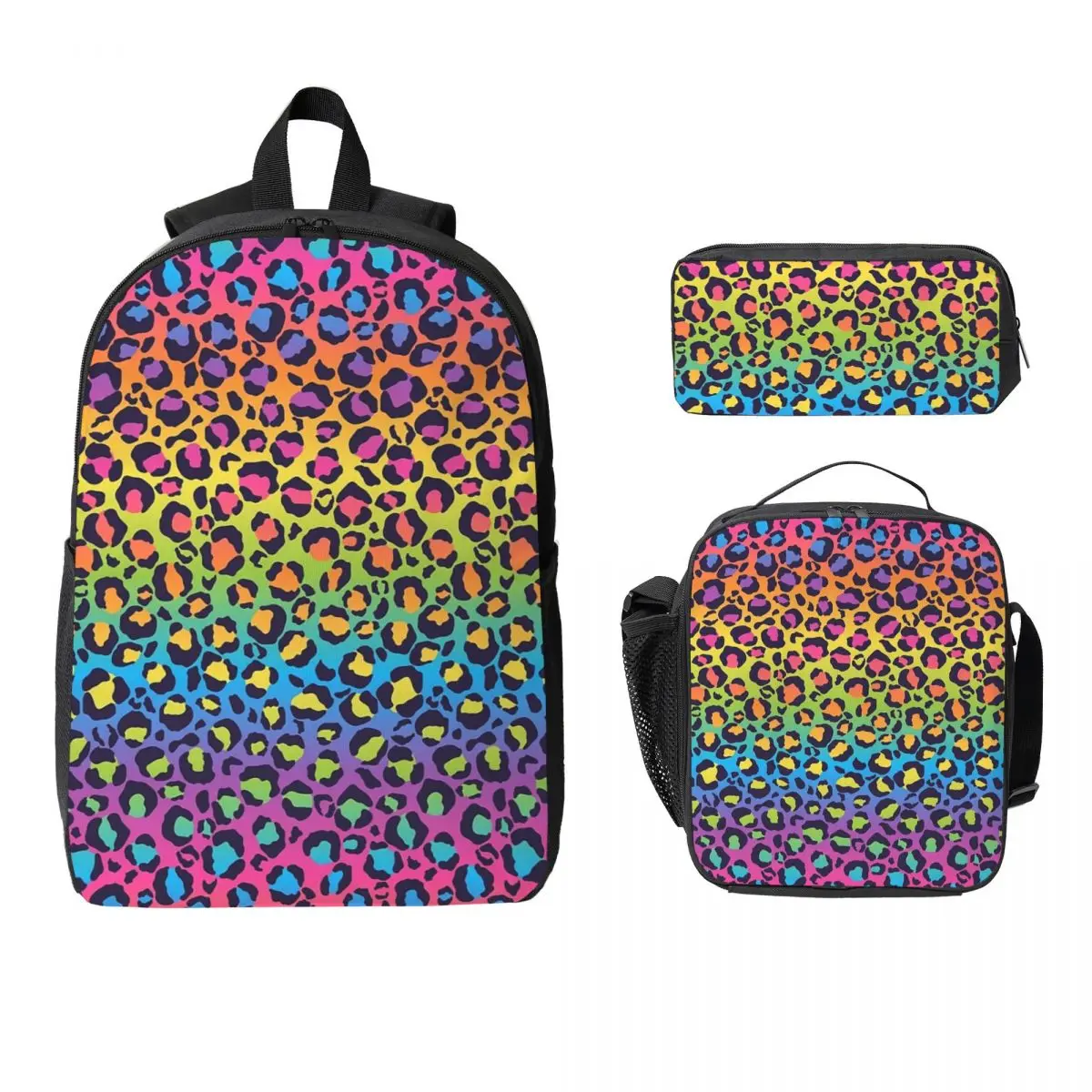 

Bright Rainbow Ombre Gradient Leopard Print Pattern Backpack Boys Girls BookBag School Bag 3ps Insulated Lunch Bag Pencil Case