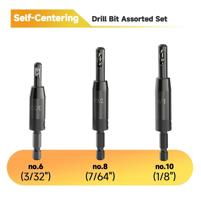 Self Centering Drill Bit Set, For 1/4 In Hex Shank Drill, Countersink Drill Bits For Wood And Hole 3/32In, 7/64In, 1/8In