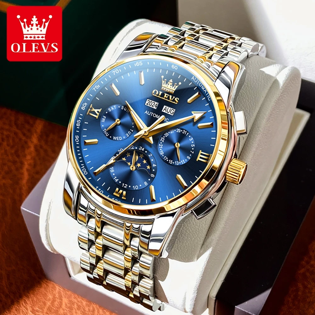 OLEVS-relojes automáticos para hombre, reloj de pulsera mecánico Original, resistente al agua, fase lunar, calendario, moda de lujo