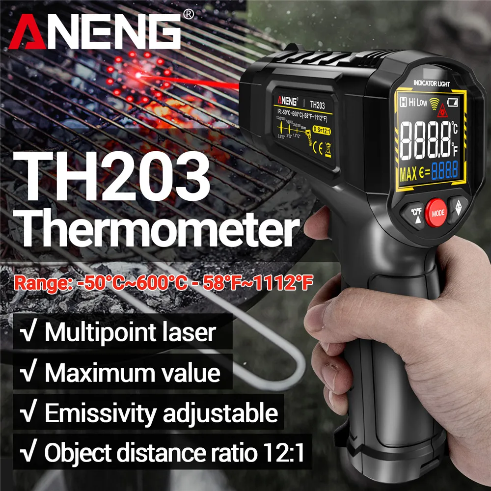 

Цифровой инфракрасный термометр -50~600°C ℃ Инфракрасный бесконтактный пирометр-термометр ANENG TH203, промышленный измеритель температуры и влажности