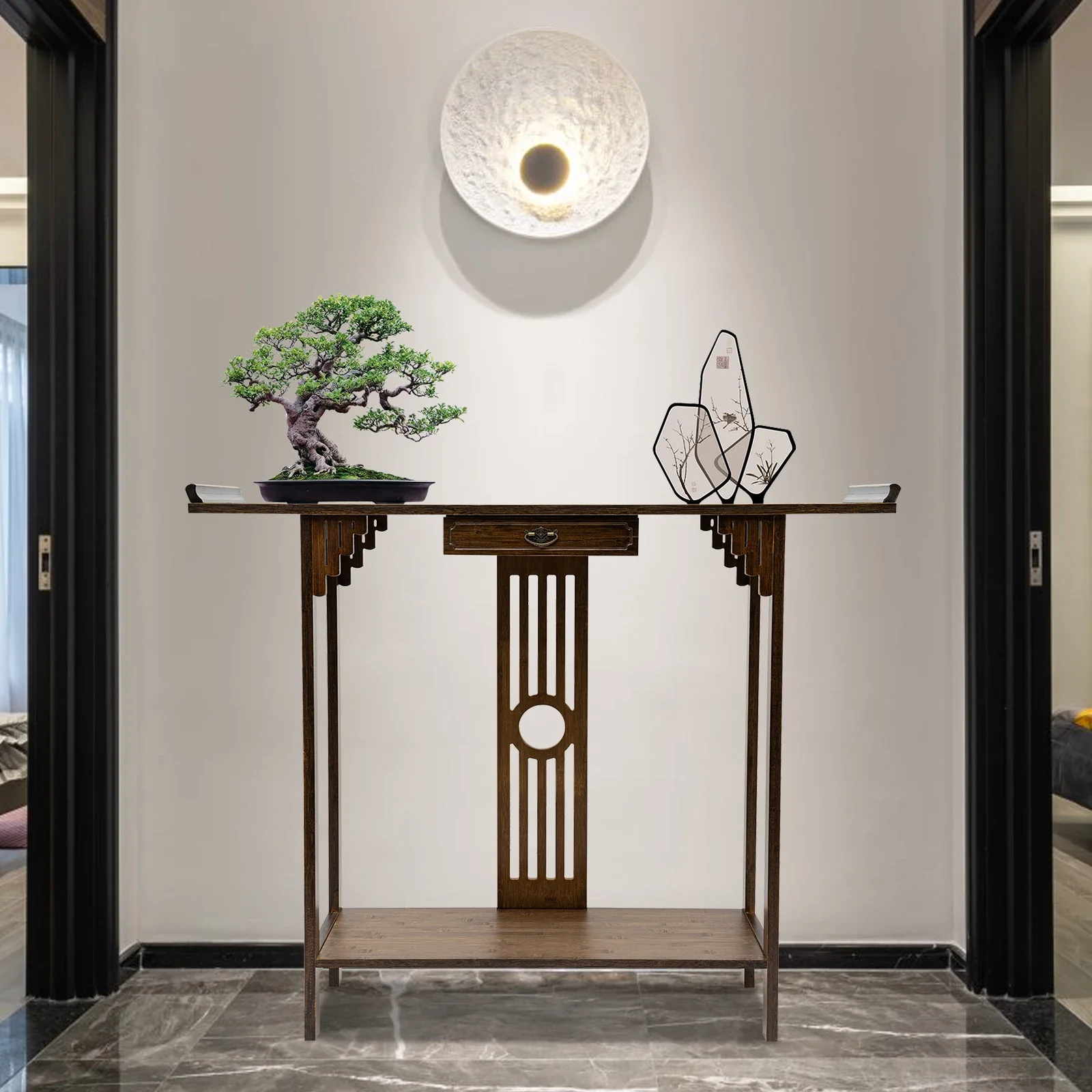 Mesa de entrada de bambu cor nogueira de 2 camadas com gaveta e prateleira de armazenamento, mesa de console com capacidade de 800 libras para sala de estar, corredor