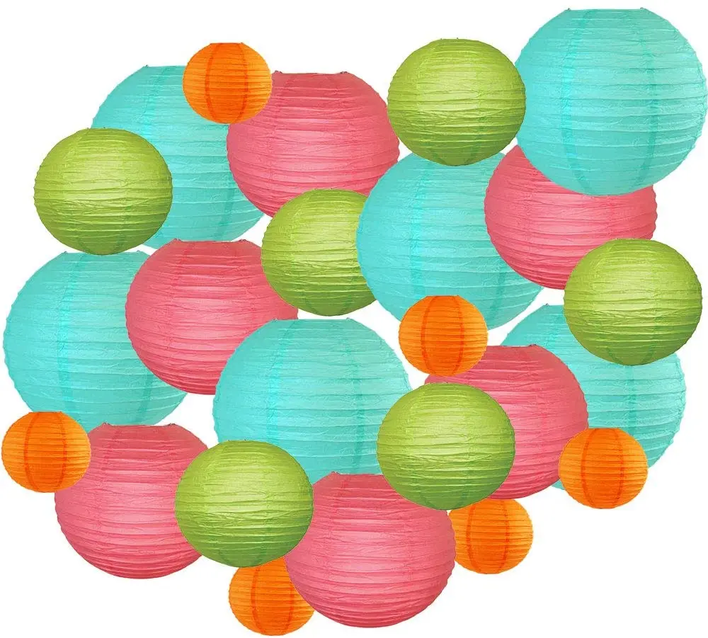 24pcs Hanging Paper Lanterns for Birthday and Wedding Blue Rose Light Green and Orange Paper Ball Easter Day Home Decorive