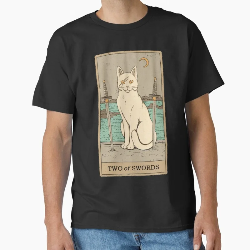 

Two of Swords Vinage Tarot Card Cat Funny magical cats cute pet Gift T shirt for men large size Adult Tops S-6XL clothing