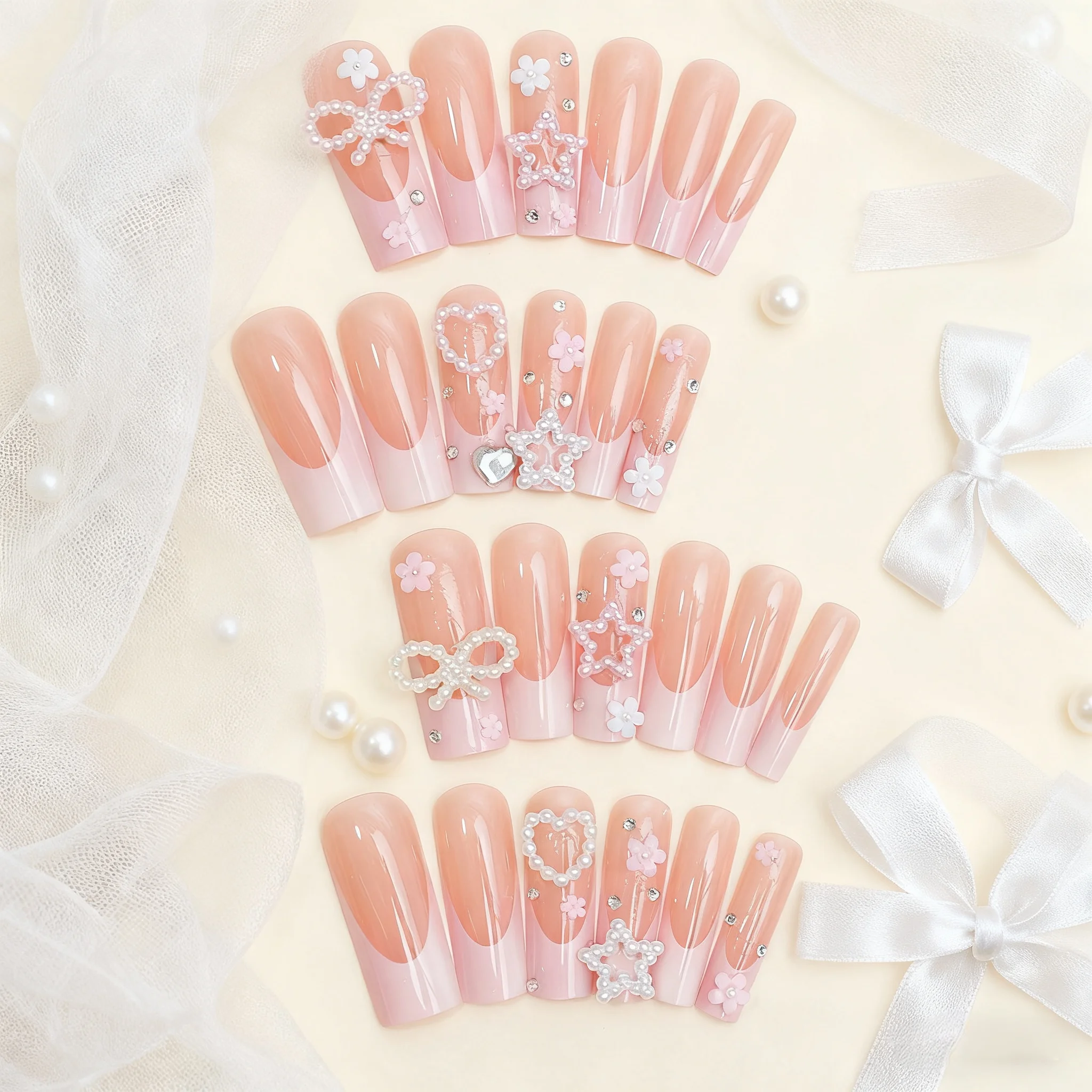 

24Pcs Long Square Press-On Nails with 3D Bows And Pearls French Ballet Style Wearable Fake Nail Tips for Easy Application