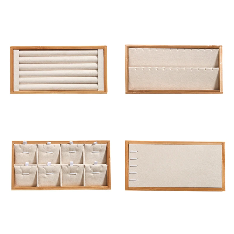 

4Pcs Bamboo Wood Necklace Bracelet Ring Stand Earring Storage Tray Jewelry Display Props Jewelry Display Tray Beige