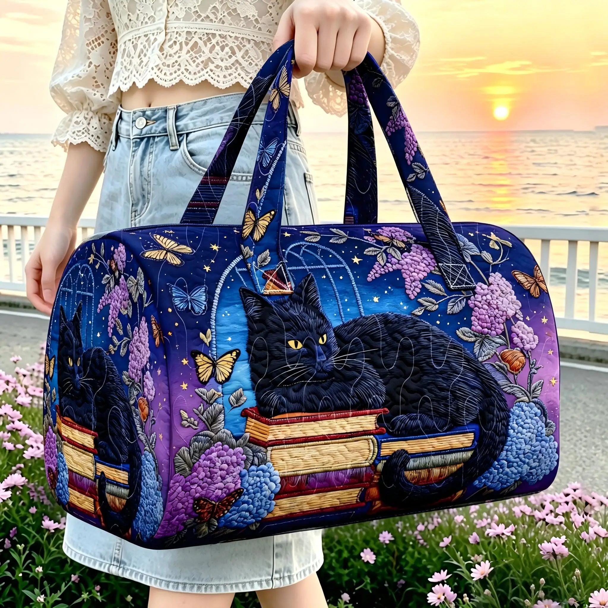Black Cat Book Hydrangea Starry Sky Print Large Capacity Women's Weekend Overnight Handbag Butterfly Flower Leisure Travel Bag