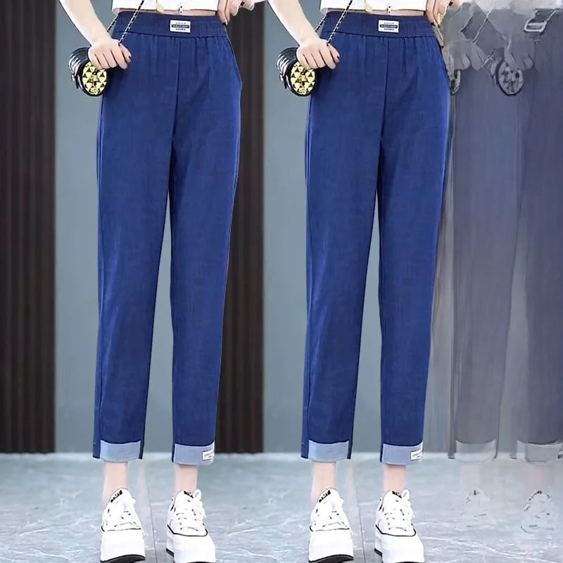 Pantalon d'été en Denim de soie glacée fine, taille haute, élastique, décontracté, Harlan, neuf Points, amincissant, polyvalent pour maman