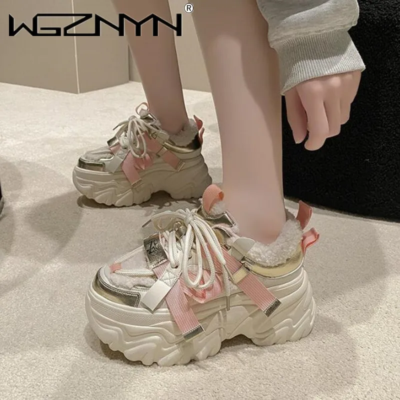 

Winter Women's Chunky Fur Sneakers 8CM Warm High Platform Sports Shoes Woman Thick Sole Leather Casual Shoes Zapatillas Mujer