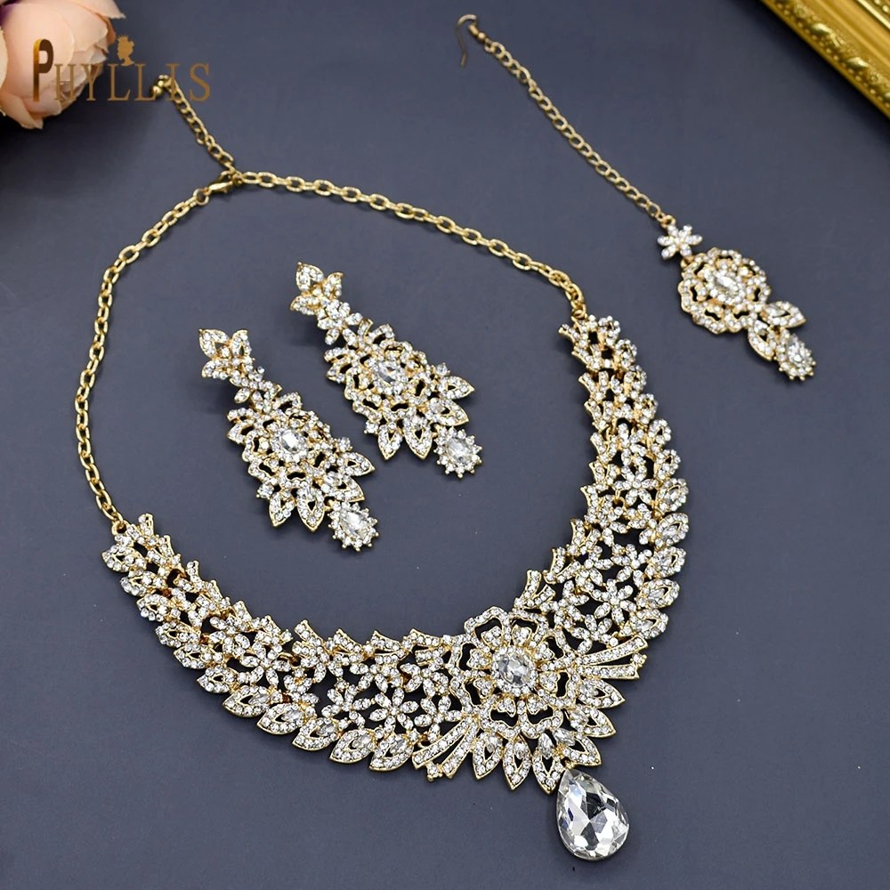 C30 Wedding Forehead Chain Necklace Earrings Set Dubai Jewelery Set Gifts for Women Indian African Bridal Hair Accessories