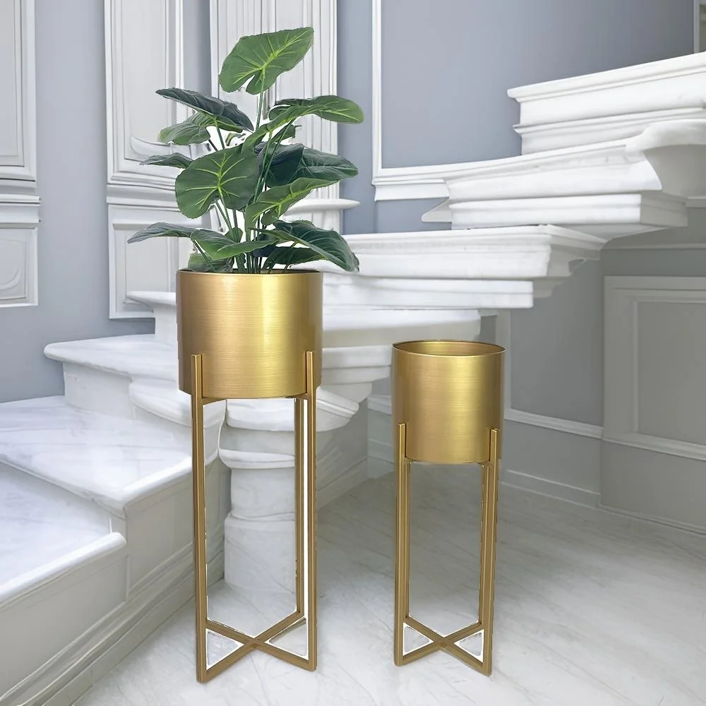 2 sets Modern Luxury & Mid-Century Style Gold Tall Floor Planters Metal Plant Pots with Stands for Home Decor