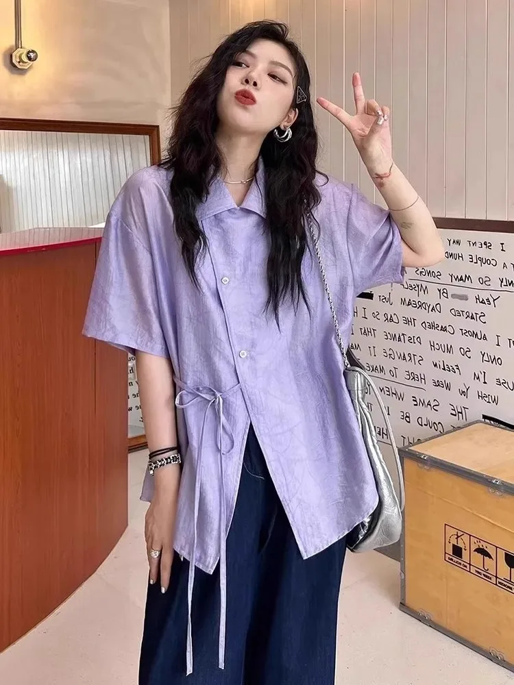 

plus Size Women's Vintage Short Sleeve Shirt Loose Design Sense Slant Button Polyester Fiber Summer Regular Sleeve Length
