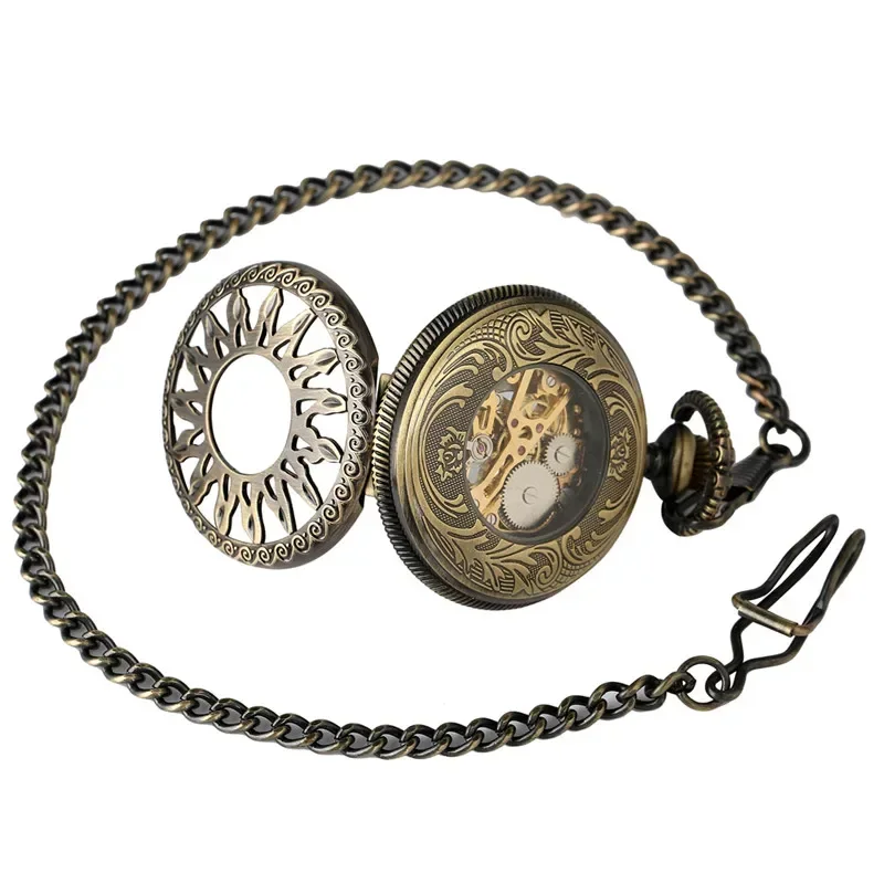 Classic Bronze Hollow Sun Flower Case Design Skeleton Handwind Mechanical Pocket Watch Gift to Men Women Roman Number Dial